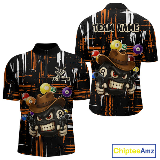 Personalized Orange Grunge Funny 8 Ball Billiard Shirt For Men, Pool Team Jersey Polo & 1/4 Zip TDM5285