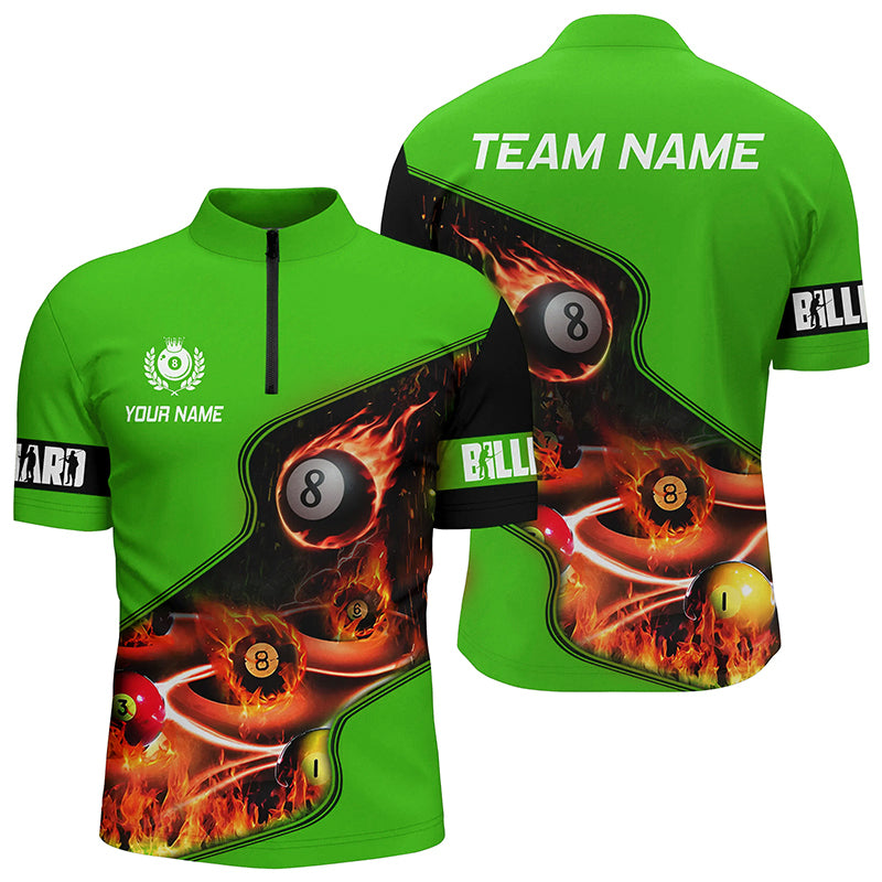 Personalized Master Billiard Balls Flame 3D Men Quarter-Zip Shirts, Green Billiard Jerseys TDM0979