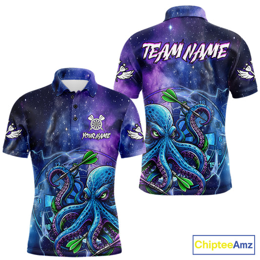 Custom Funny Octopus Blue Purple Galaxy Darts Polo Shirt Designed for Personalized Dart Team Jerseys with Premium Athletic Performance and Glowing Graphics