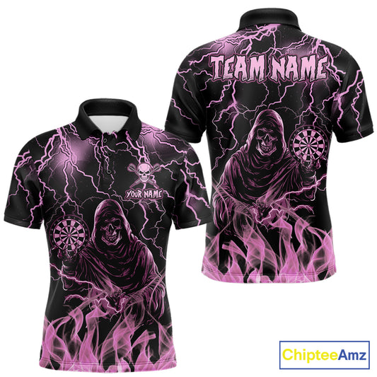 Custom Pink Grim Reaper Fire Flame Darts Polo Shirt Designed for Personalized Darts Team Jerseys with Vibrant Flame Graphics and Athletic Performance Style