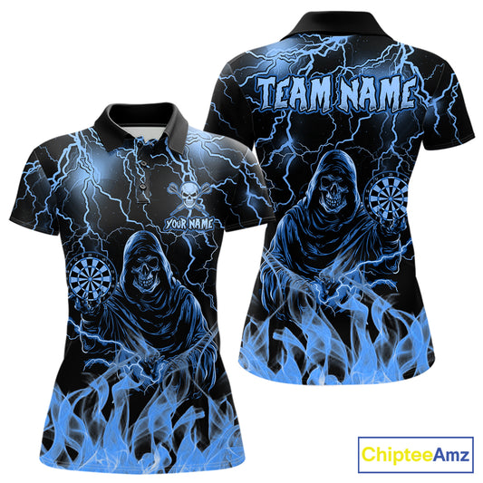 Custom Blue Grim Reaper Fire Flame Darts Polo Shirt Designed for Personalized Darts Team Jerseys with Premium Athletic Performance and Bold Graphic Design