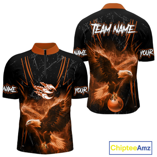 Personalized Black And Orange Flame Eagle Bowling Shirt For Men Custom Bowling League Team Jersey TDM7657