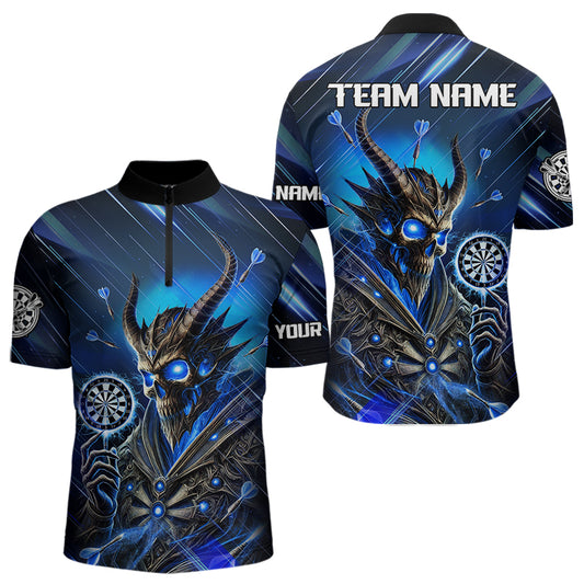 Personalized Blue Glowing Grim Reaper Dart Shirt Polo, Quarter Zip For Men Custom Skull Dart Jersey TDM3640