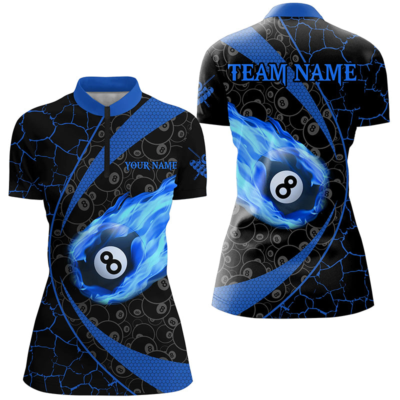 Personalized Black Blue Billiard Fire Flame Women Quarter-Zip Shirt, 8 Ball Pool Team Shirts TDM1317