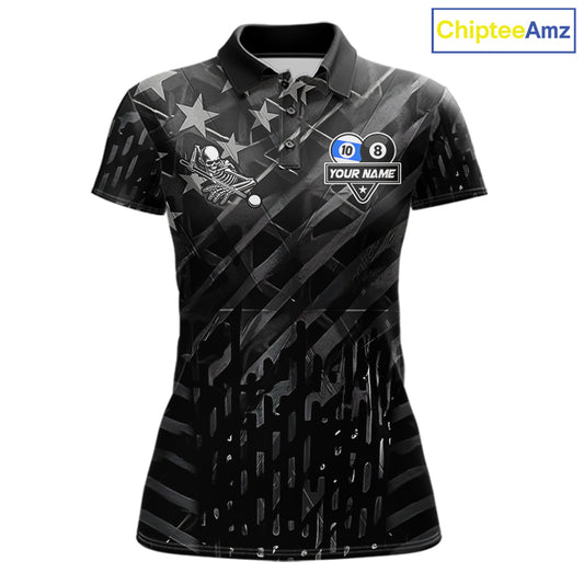 Black US Flag 8 Ball & 10 Ball Yin-Yang Skull Billiard Shirts For Women Custom Pool Team Jersey TDM7661
