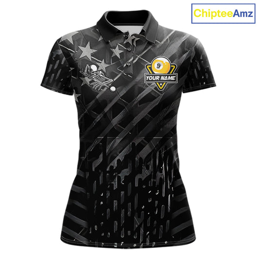 Black US Flag 9 Ball Billiard Pool Shirts For Women Custom Billiard League Team Jersey Polo, 1/4 Zip TDM7662