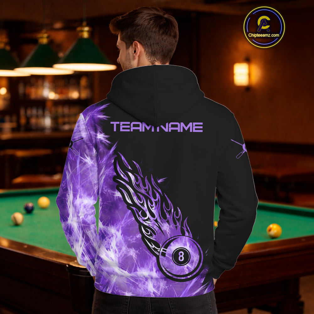 Black And Purple Flaming Icy 8 Ball Pool Hoodie For Men And Women Custom Billiard Hoodie TDM5809