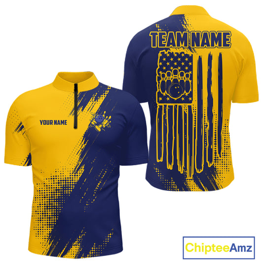 Custom Blue And Yellow Strike Bowling Shirts For Men, American Flag Bowling League Team Jerseys TDM7361