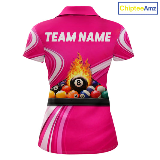 Personalized Pink Billiard Jersey For Women Custom Flame 8 Ball Pool Billiard Shirt Polo & 1/4 Zip TDM5814