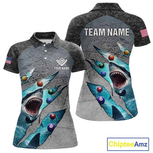Personalized Funny Shark Billiard Shirt For Women, 8 Ball Pool Team Jersey Polo & 1/4 Zip Shirt TDM6202