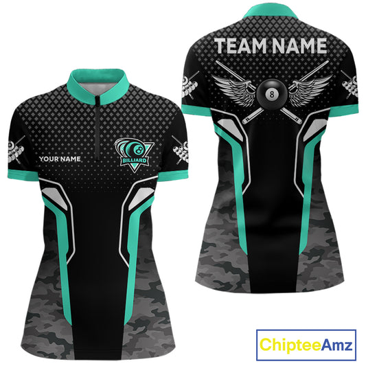 Black & Turquoise 8 Ball Pool Wings Custom Camo Billiard Shirt For Women, Billiard Team Jersey TDM4440
