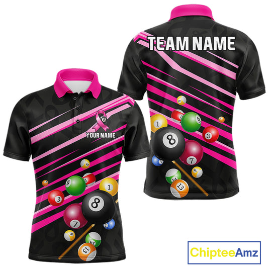 Custom Pink Ribbon 8 Ball Breast Cancer Awareness Pool Polo Shirt Designed for Personalized Billiard Team Jerseys with Premium Athletic Performance and Meaningful Support Design