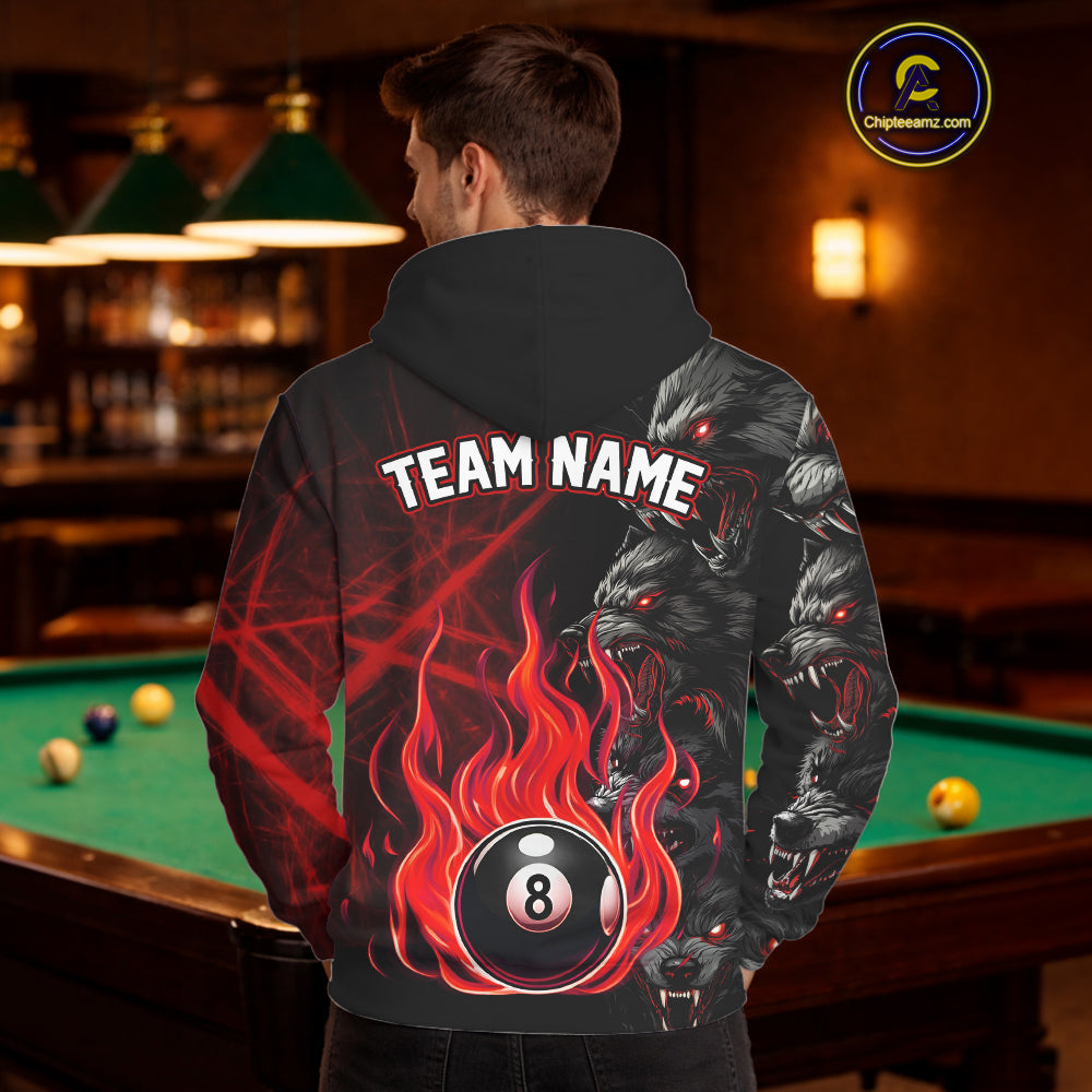 Personalized Red Flaming Wolf 8 Ball Hoodie For Pool Players Custom Billiard Hoodie Team Jersey TDM2616