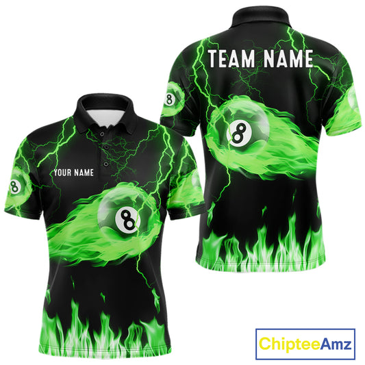 Personalized Green Flame Lightning 8 Ball Billiard Shirts For Men Custom Pool Team Jersey TDM7673