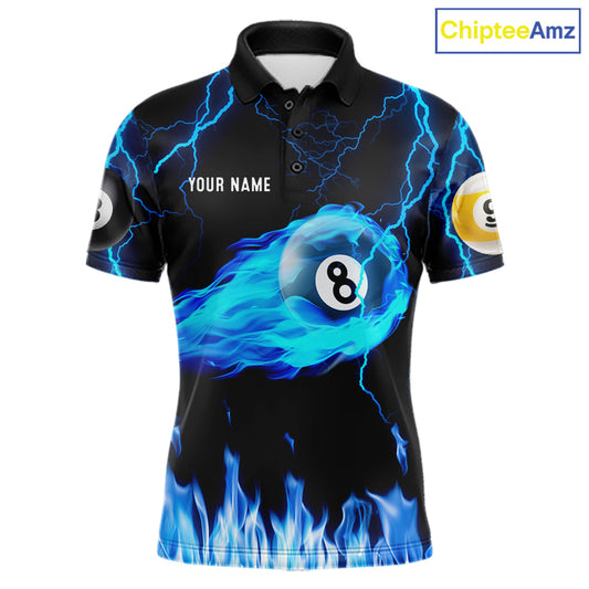 Blue Lightning Flame 8 Ball & 9 Ball Billiard Shirts For Men Custom Pool Team Jersey Polo 1/4 Zip TDM7674