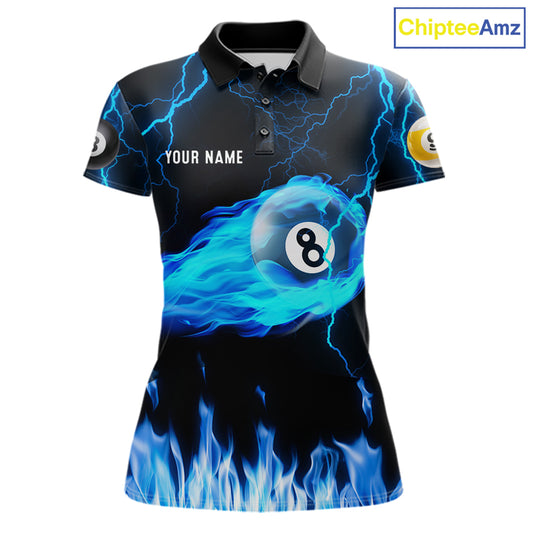 Blue Lightning Flame 8 Ball & 9 Ball Billiard Shirts For Women Custom Pool Team Jersey Polo 1/4 Zip TDM7674