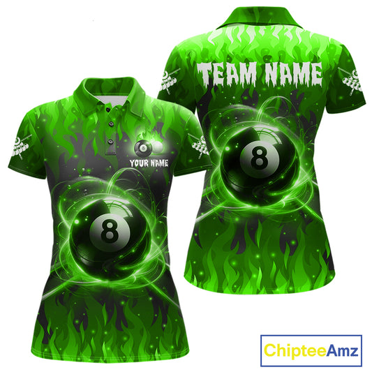 Customized Green 8 Ball Pool Fire Flame Billiard Shirts For Women Billiard Team Jersey Polo 1/4 Zip TDM7676