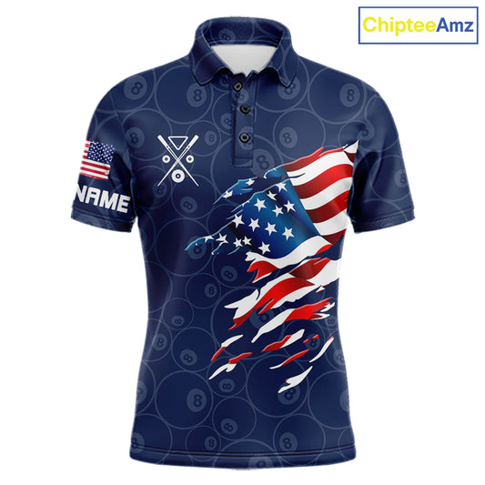 Personalized Navy Blue American Flag Billiard Shirts For Men Patriotic 8 Ball Pool Team Jersey TDM7681