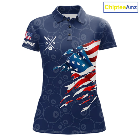 Personalized Navy Blue American Flag Billiard Shirts For Women Patriotic 8 Ball Pool Team Jersey TDM7681