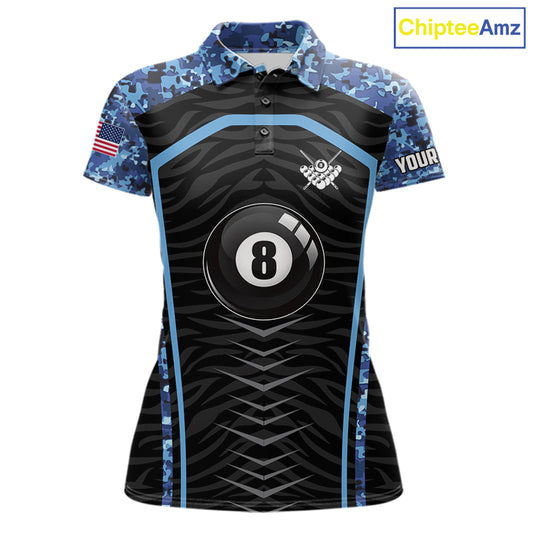 Blue Camo American Flag 8 Ball Billiard Pool Shirts For Women Personalized Billiard Team Jersey TDM7684