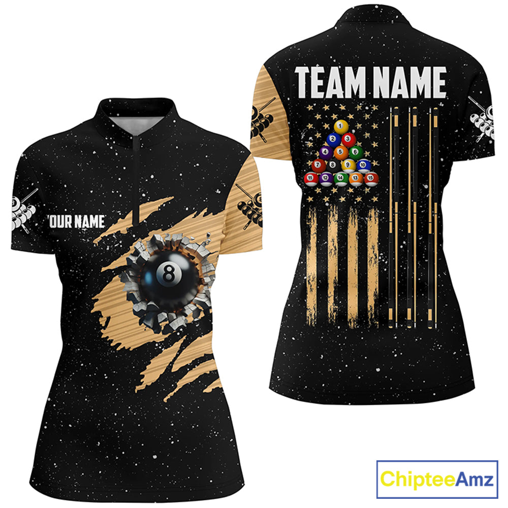 Custom Grunge US Flag 8 Ball Women Billiard Quarter-Zip Shirts, Patriotic Pool Player Shirts TDM0999