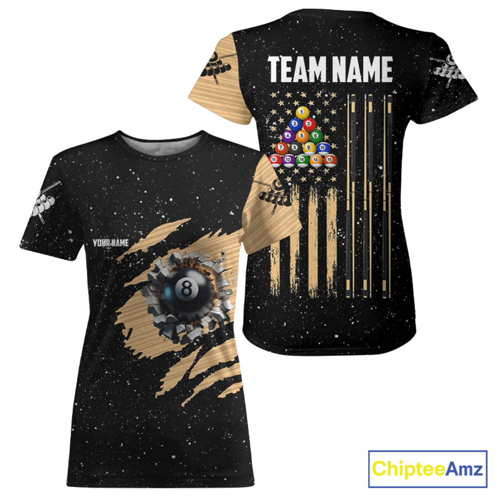 Customized Grunge American Flag 8 Ball Pool Billiard T Shirts For Women, Patriotic Pool Player Shirt TDM0999