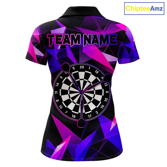 Pink and purple darts polo shirt with geometric design and dartboard, customizable name and team name