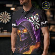 Load image into Gallery viewer, Personalized Purple Death Skeleton Fire Dart Shirt For Men Custom Skull Dart Jersey Polo & 1/4 Zip TDM4893