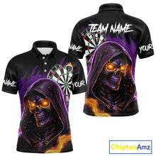 Load image into Gallery viewer, Personalized Purple Death Skeleton Fire Dart Shirt For Men Custom Skull Dart Jersey Polo & 1/4 Zip TDM4893