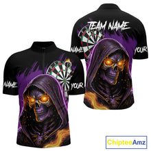 Load image into Gallery viewer, Personalized Purple Death Skeleton Fire Dart Shirt For Men Custom Skull Dart Jersey Polo & 1/4 Zip TDM4893