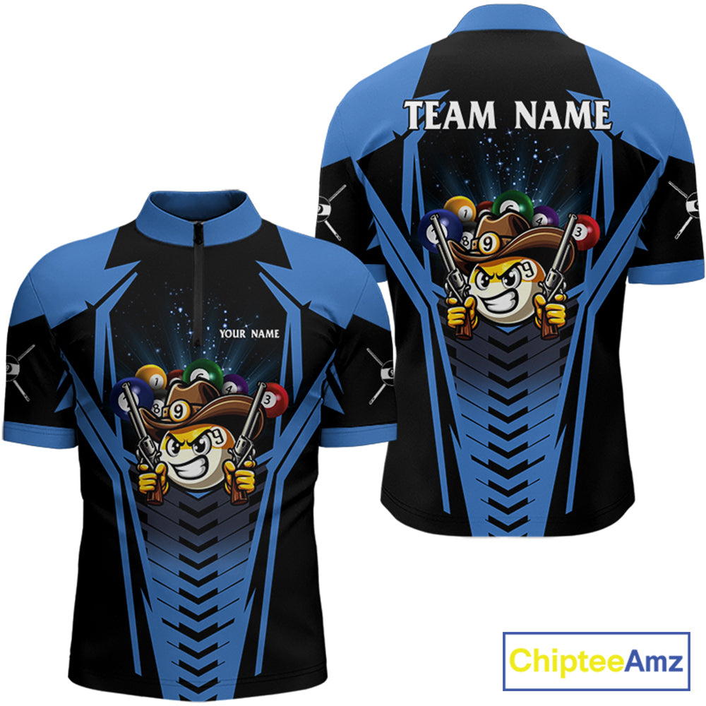 Personalized 9 Ball Cowboy Billiard Shirts For Men, Funny Billiard Shirts Billiard Jerseys |Blue TDM3103