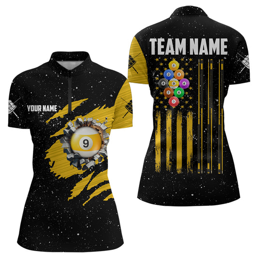 Yellow Black Grunge American Flag 9 Ball Pool Women Billiard Shirt Custom 9 Ball Billiard Jerseys TDM3502