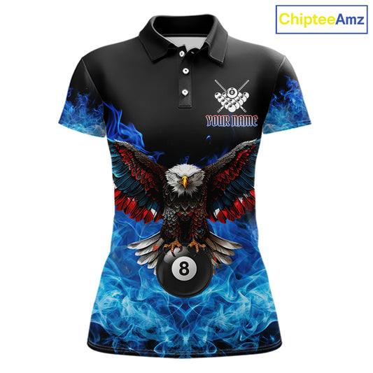 Custom blue flame smoke pool jersey for women with eagle skull artwork and league style.