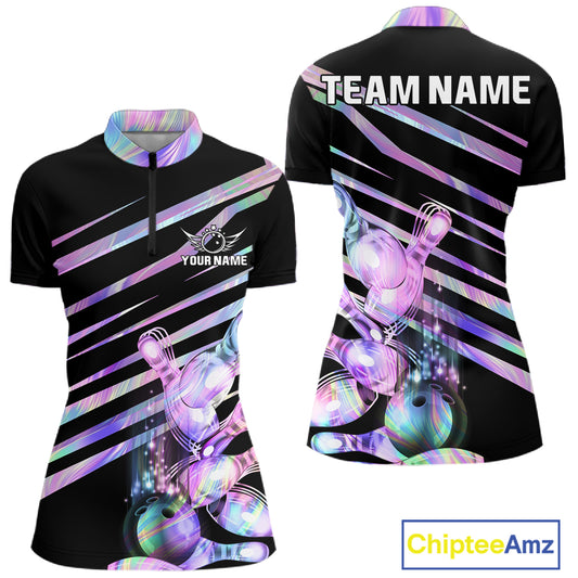 Personalized holographic bowling team jersey quarter zip shirt for women featuring colorful holographic bowling graphics, premium custom bowling apparel.