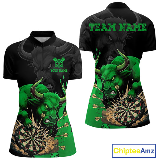 Black And Green Funny Bull Darts Shirt For Women Custom Dart Jersey Team Polo & 1/4 Zip TDM5123