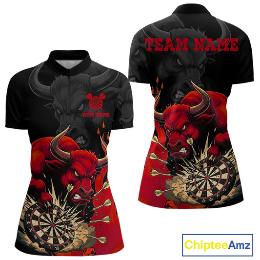 Black And Red Funny Bull Darts Shirt For Women Custom Dart Jersey Team Polo & 1/4 Zip TDM5124