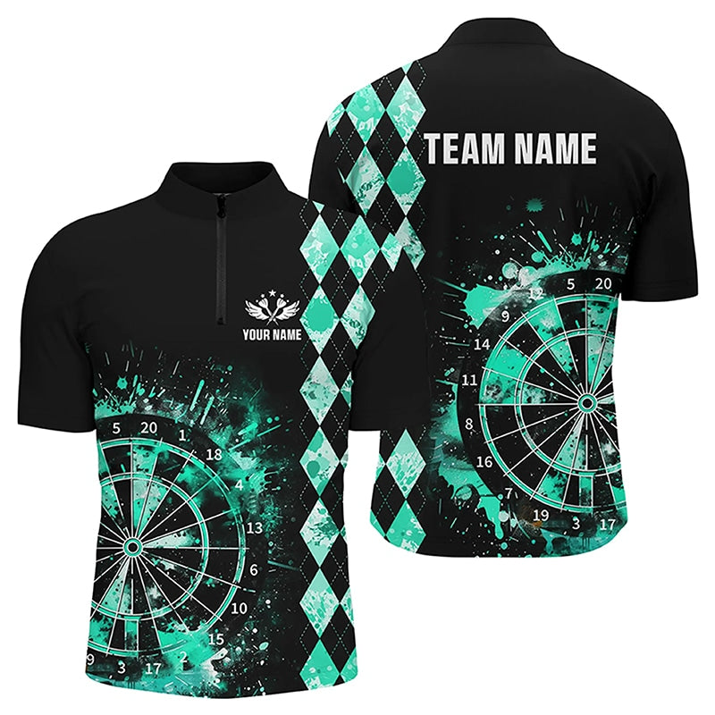 Custom Turquoise Grunge Dartboard Argyle Pattern Dart Shirts For Men, Best Darts Team Jerseys TDM3343