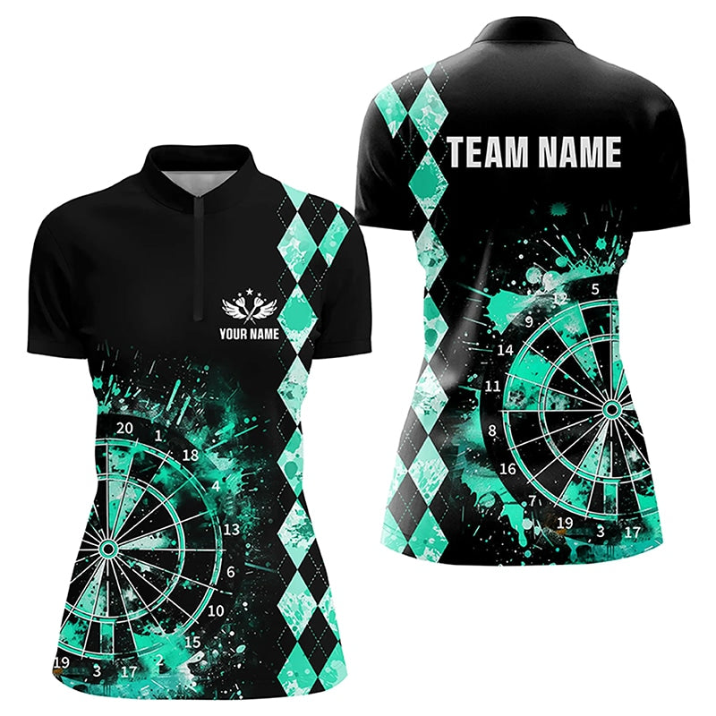 Custom Turquoise Grunge Dartboard Argyle Pattern Dart Shirts For Women, Best Darts Team Jerseys TDM3343