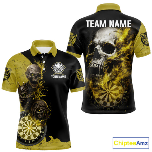 Personalized Yellow Black Skull Smoke Darts Shirt For Men Custom Darts Team Jersey Polo &1/4 Zip TDM5837
