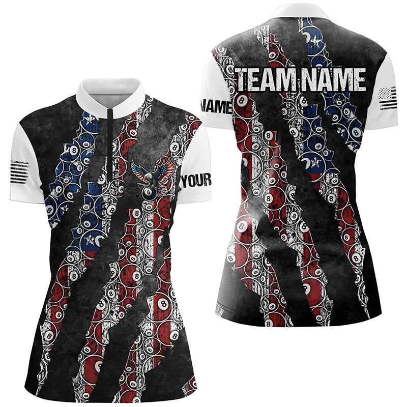 Grunge American Flag 8 Ball Pattern Custom Billiard Shirts For Women, Patriotic Billiard Jerseys TDM2399