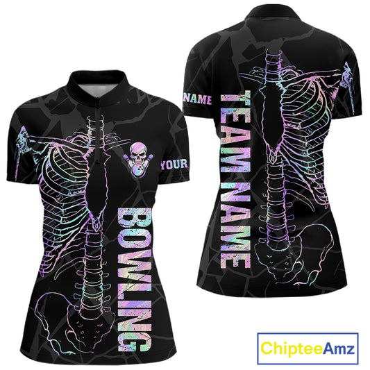 Black And Holographic Funny Skeleton Bowling Shirts For Women Custom Skull Bowling Team Jersey TDM7400