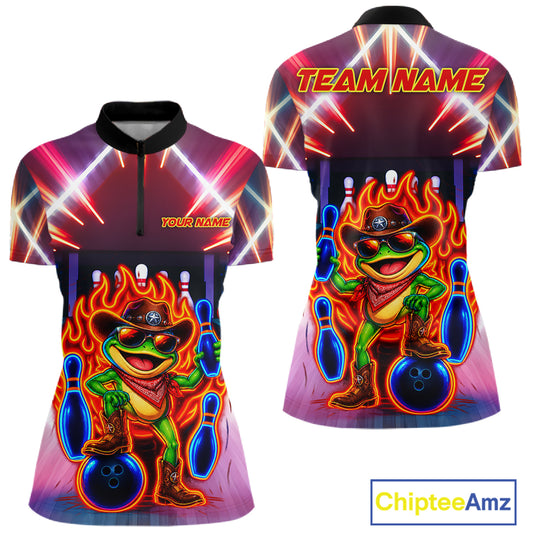 Funny Neon Flame Cowboy Frog Bowling Shirts For Women Custom Bowling League Bowling Team Jersey TDM7726