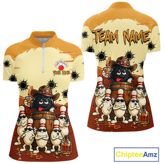Funny Drunk Cowboy Bourbon Bowling Shirts For Women Custom Bowling Team Outfit Jersey Polo & 1/4 Zip TDM7728