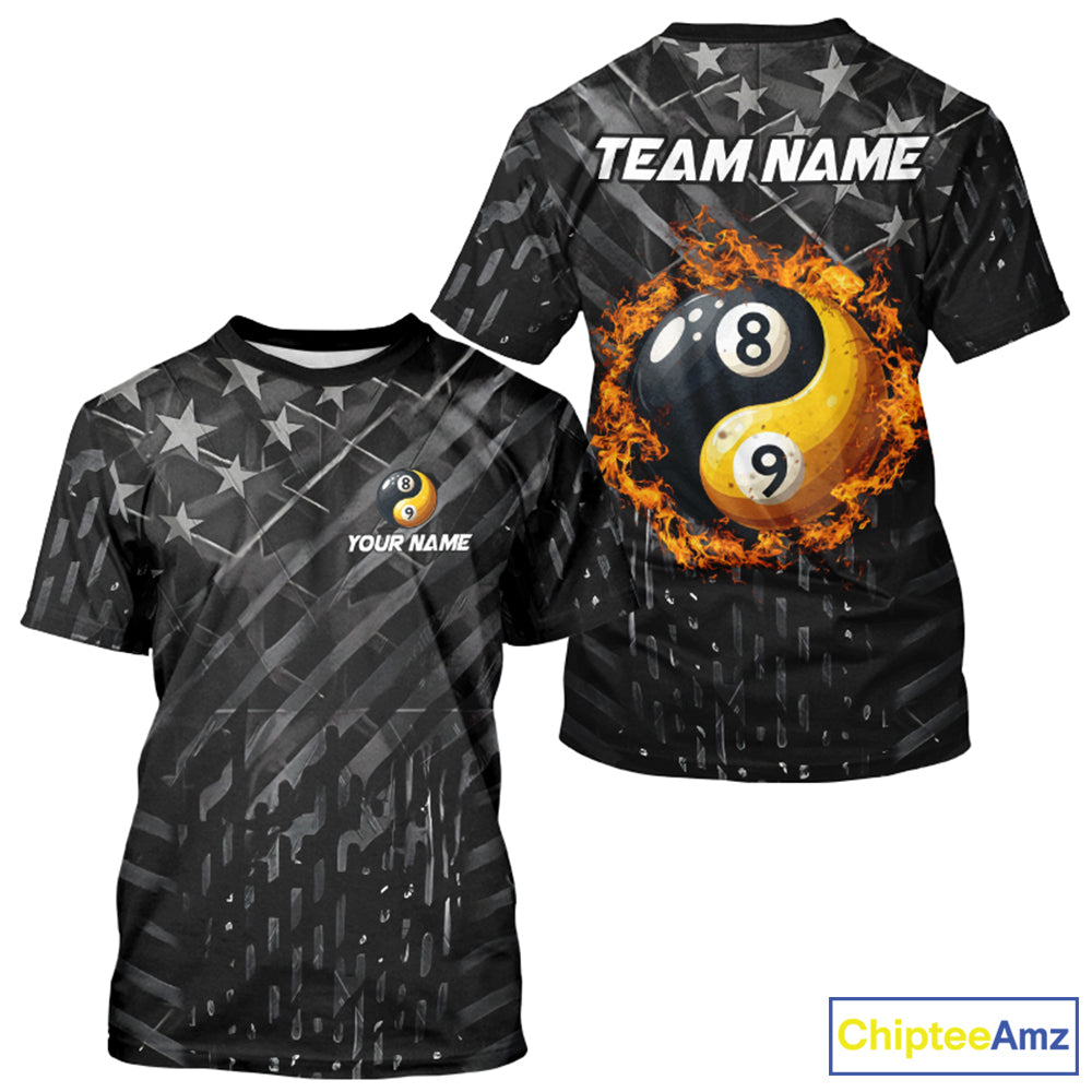 Black US Flag Ying And Yang 8 Ball & 9 Ball Custom Billiard T Shirts For Men Funny Billiard Jersey TDM3357