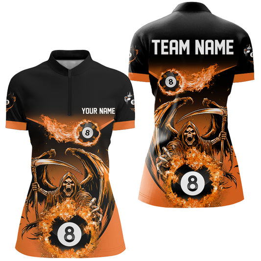 Orange Grim Reaper Flame 8 Ball Pool Billiard Shirts For Women Custom Billiard League Team Jerseys TDM2648
