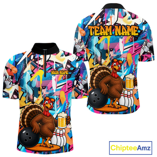Funny Turkey Colorful Graffiti Bowling Shirts For Men Custom Bowling Team Jersey Polo & 1/4 Zip TDM7411