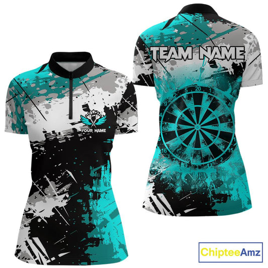 Turquoise Grunge Paint Splash Dart Shirts For Women Custom Darts Jersey Team Polo & Quarter Zip TDM5353