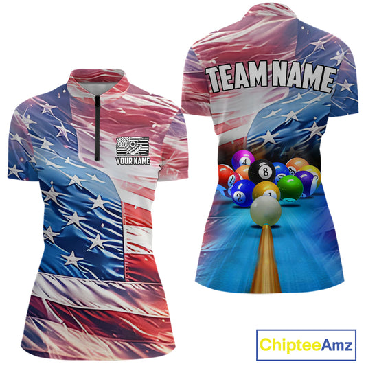 Personalized Glowing Patriotic American Flag 8 Ball Billiard Shirt For Women – Custom Pool Jersey TDM4117