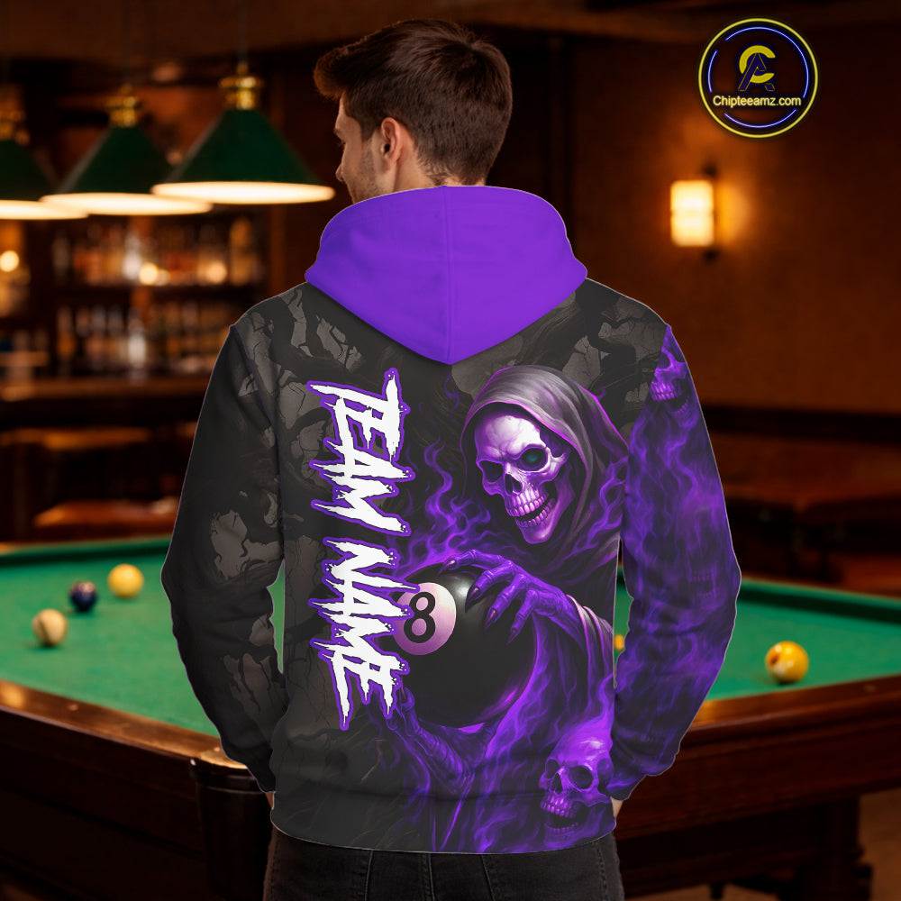 Purple Grim Reaper Flame 8 Ball Pool Hoodie For Men And Women Custom Billiard Hoodie Team Jersey TDM4121