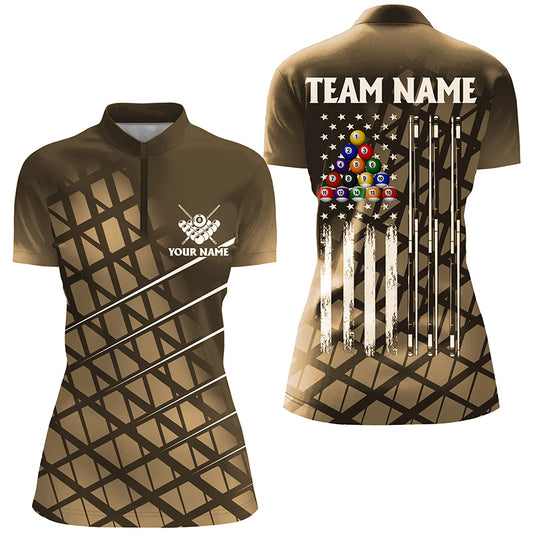 Personalized Gold Grunge American Flag Women Billiard Shirt Custom Patriotic Pool Player Jersey Shirt TDM1947